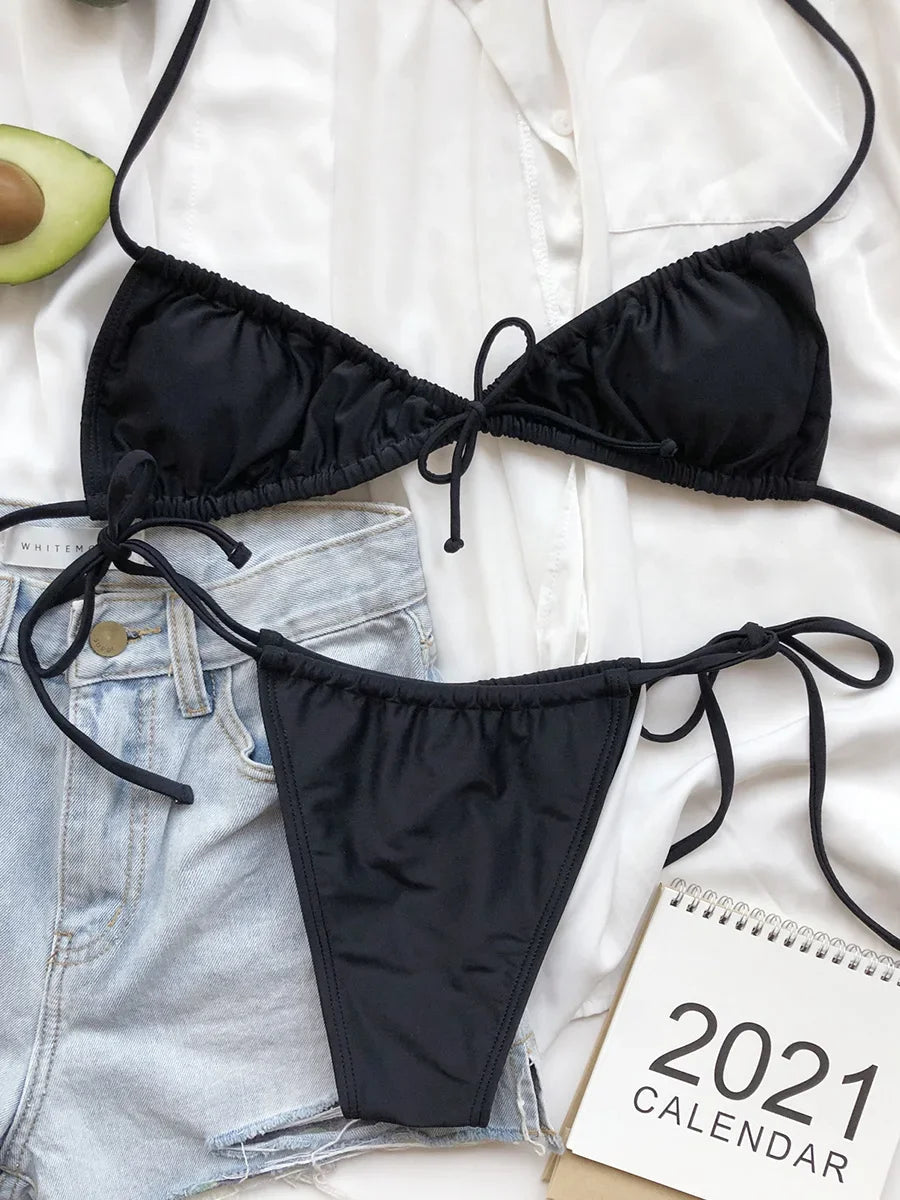 Sexy Wrinkled Micro Mini Thong Bikini Female Swimsuit Women Swimwear Two-pieces Bikini set Bather Bathing Suit Swim Beach Wear