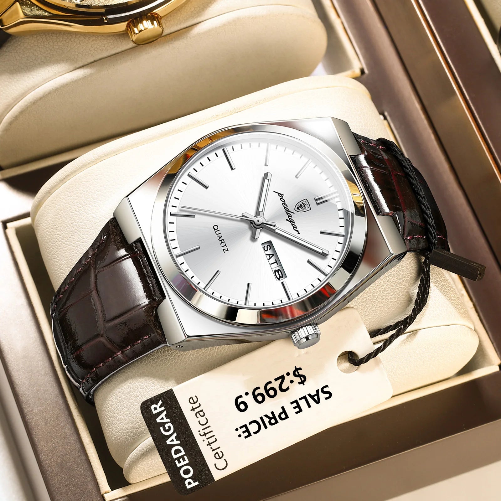 POEDAGAR Luxury Watch for Men Military Leather Man Wristwatch Quartz Clock Waterproof Luminous Date Week Men's Watches Reloj+box