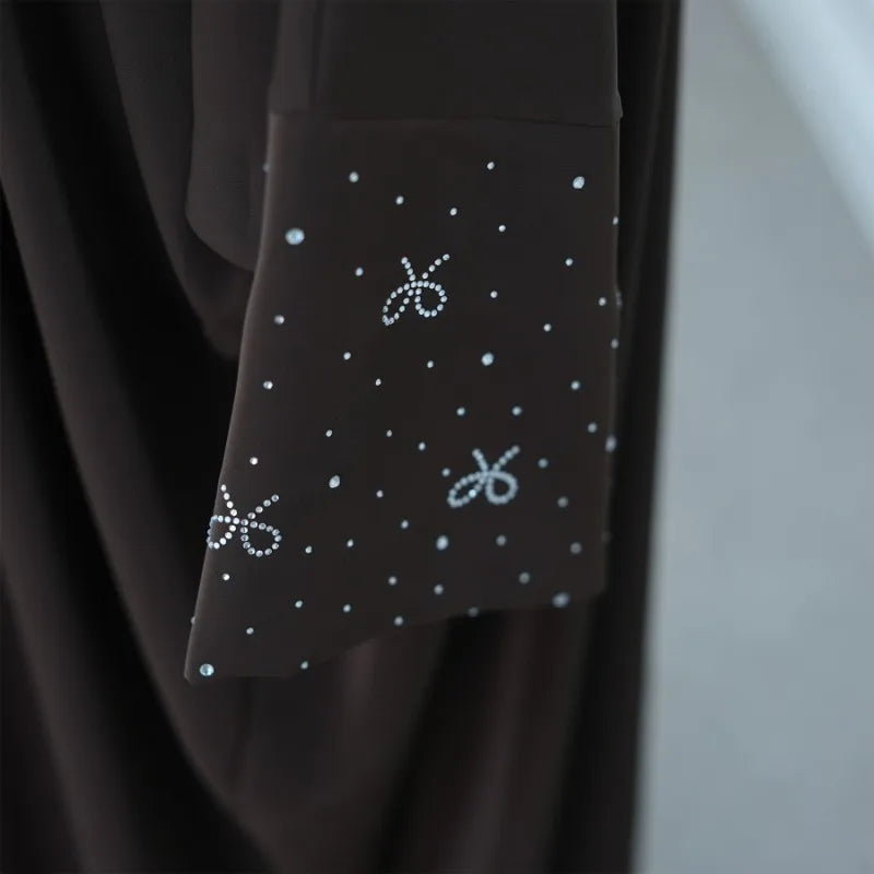 Luxury Dubai Abaya with Beaded Bow Modest Dress for Muslim Women Elegant Open Front Cover Cardigan Fashion Plain Turkey Outfit