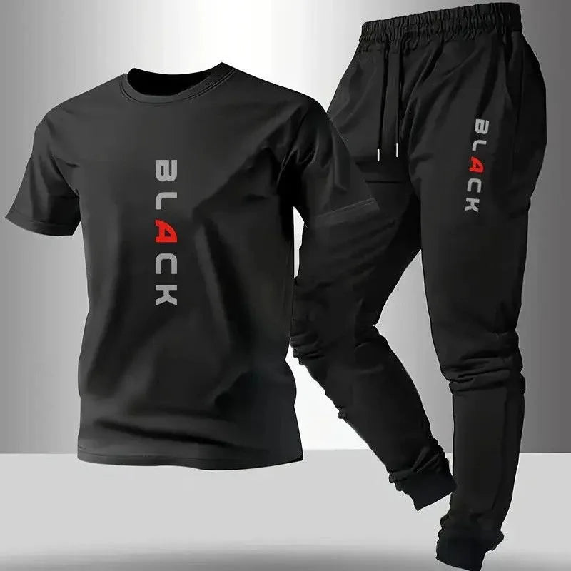 Summer New Fashion Trend Printed Sports Fitness Short-Sleeved T-shirt Long Pants Set Men's Loose Sports Large Size Two-Piece Set