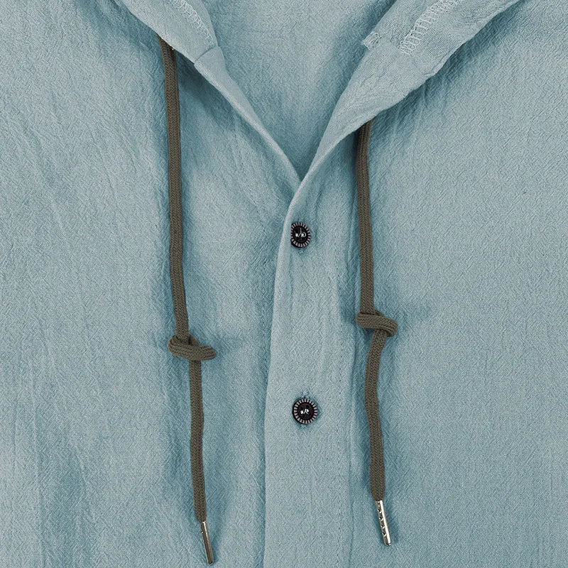 Men's solid color casual shirt, hooded drawstring cotton and linen cardigan, trendy and versatile loose beach T-shirt
