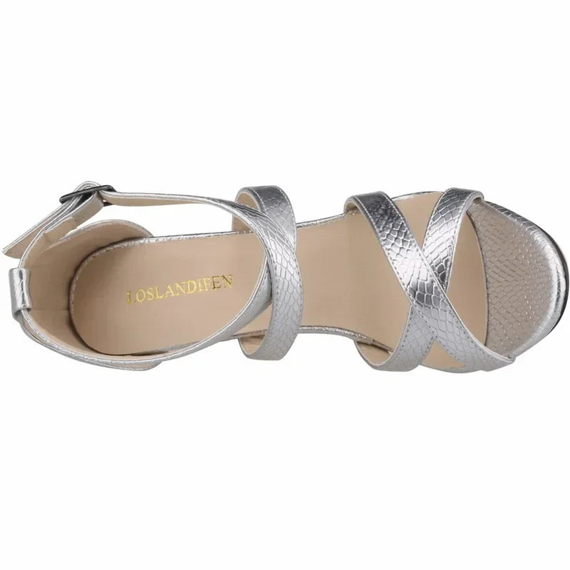 2026 New LOSLANDIFEN Women Sandals Summer Fashion Design Sexy 8CM Crocodile Leather High Heels Ladies Sandals Open Toe Shoes