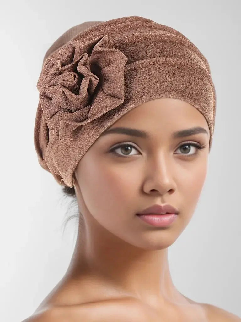 Trendy Crinkle Women's Hijab Solid Color Muslim Ladies Turban Bonnet Flower Decor Ramadan Head Wrap Head Scarf Indian Hats