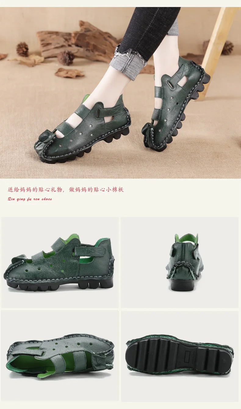 Summer Fashion Sandals 2024 New Leather Women's Shoes Soft Bottom Flat Personality Casual Women's Sandals Retro Handmade Sandals