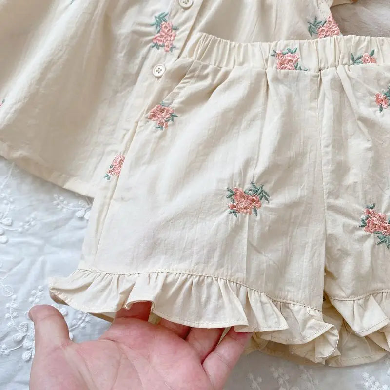 Humor Bear Girls' Clothing Sets Embroidered Children's Flying Sleeve Vest Shorts Kid Clothes Suit