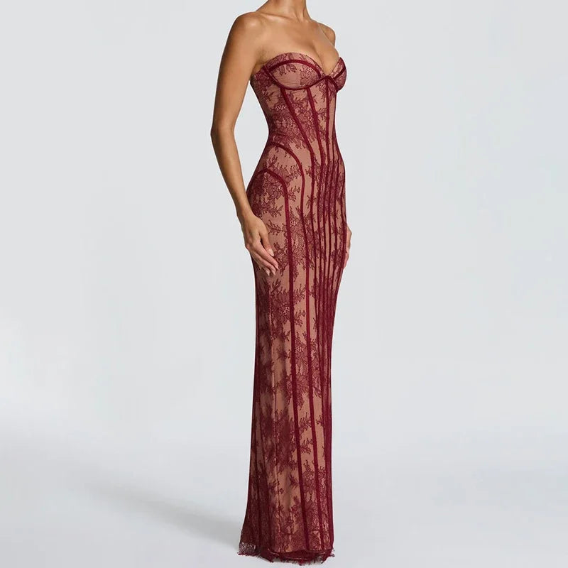 Women Strapless Tulle Fishbone Dress Backless Off Shoulder Printed Patchwork Slim Maxi Dresses 2026 Lady Chic Party Evening Gown