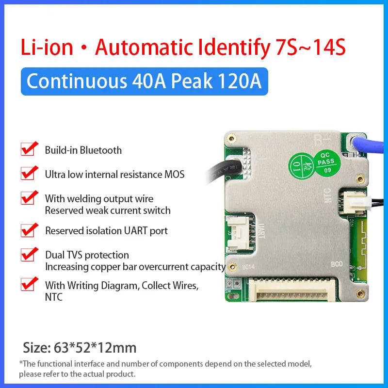 JiaBaiDa Automized Identify 7s-14s 7S 8S 9S 10S 11S 12S 13S 14S 20A 30A 40A 50A LFP NMC Smart BMS 24V 36V 48V