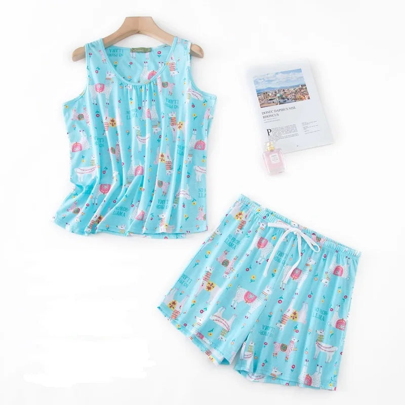Hzioiys Summer Pajamas Sets Cotton Sleepwear Suit Women Casual Pajama Sets Cartoon Vest Shirt + Shorts Pajamas Suit Plus Size