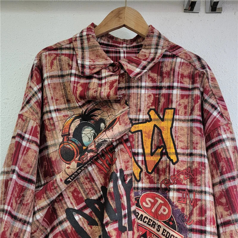 WTHT New Fashion Women's Cartoon Print Plaid Shirts 2024 Winter Trendy Single Breasted Long Sleeves Blouse Female 1LS419