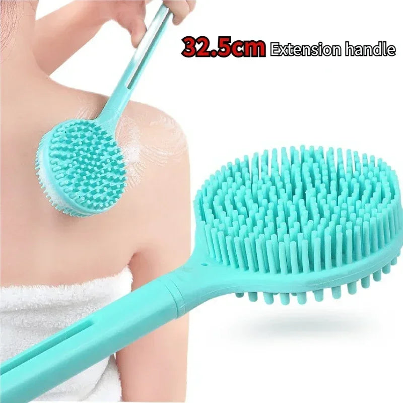 Double-Sided Shower Body Brush Silicone Long Handle Bathroom Wash Brush Bathing Massages Back Body Exfoliating Brush 1pc