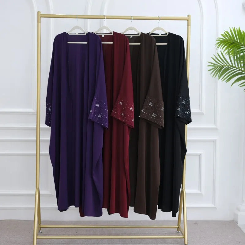 Luxury Dubai Abaya with Beaded Bow Modest Dress for Muslim Women Elegant Open Front Cover Cardigan Fashion Plain Turkey Outfit