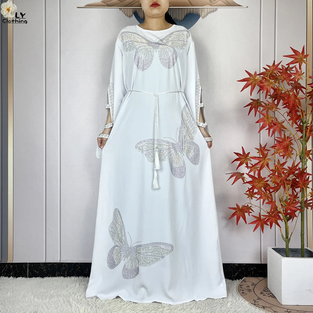 2025New Dubai Muslim Women Elegant Dress African Abaya Loose Butterfly Pattern Diamond Islamic Long Sleeve Turkey Femme Clothing
