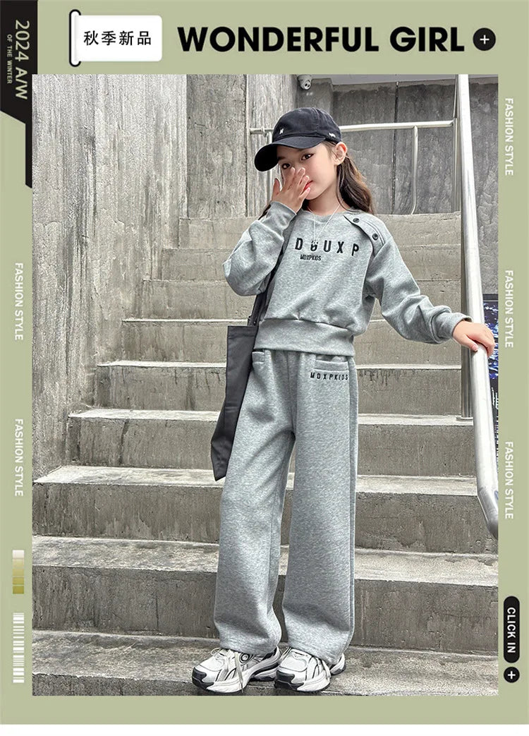 2025 teenager Gray girls Sport Suit winter spring Clothes Long Sleeve sweatshirt & wide leg Pant Casual 4 8 10 11 12 Years