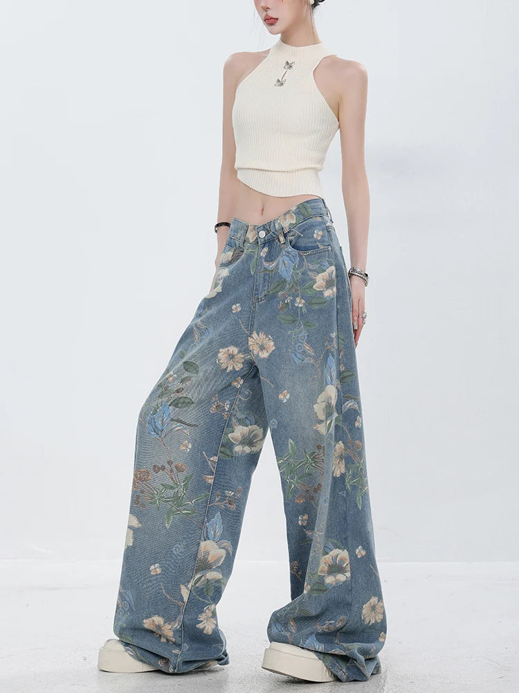 Fashion Printed Jeans 2025 Retro Floral Denim Mopping Trousers Korean Style High Street Loose Hip Hop Wide-leg Jean Pants