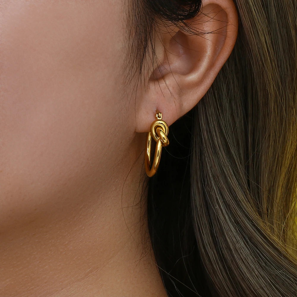 E.B.belle Knot Design Stainless Steel Hoop Earrings For Women Minimalist 18K Gold Plated Round Loop Hoop Earring Jewery For Lady
