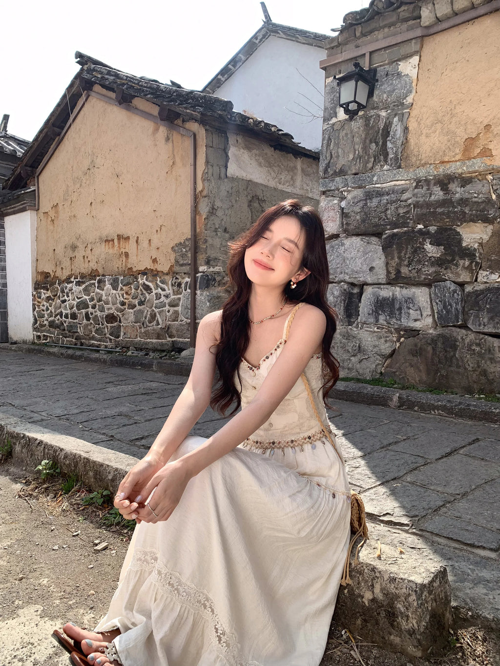 White Lace Three-Piece Set Spring Summer Slim Fit V-Neck Lace Cami Top High-Waisted A-Line Maxi Skirt Chic Red Fashion Shirt