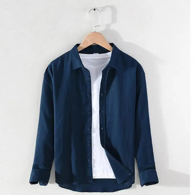 Vintage Men's Long-Sleeve Linen Shirt M-5XL Spring Summer Stand Collar Plain Color Single Breasted Streetwear