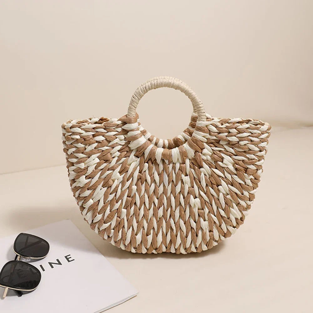 Women Straw Tote Handbag Large Capacity Semi-Circle Woven Bag Color Clash Semicircle Weaving Bag Summer Beach Handbag