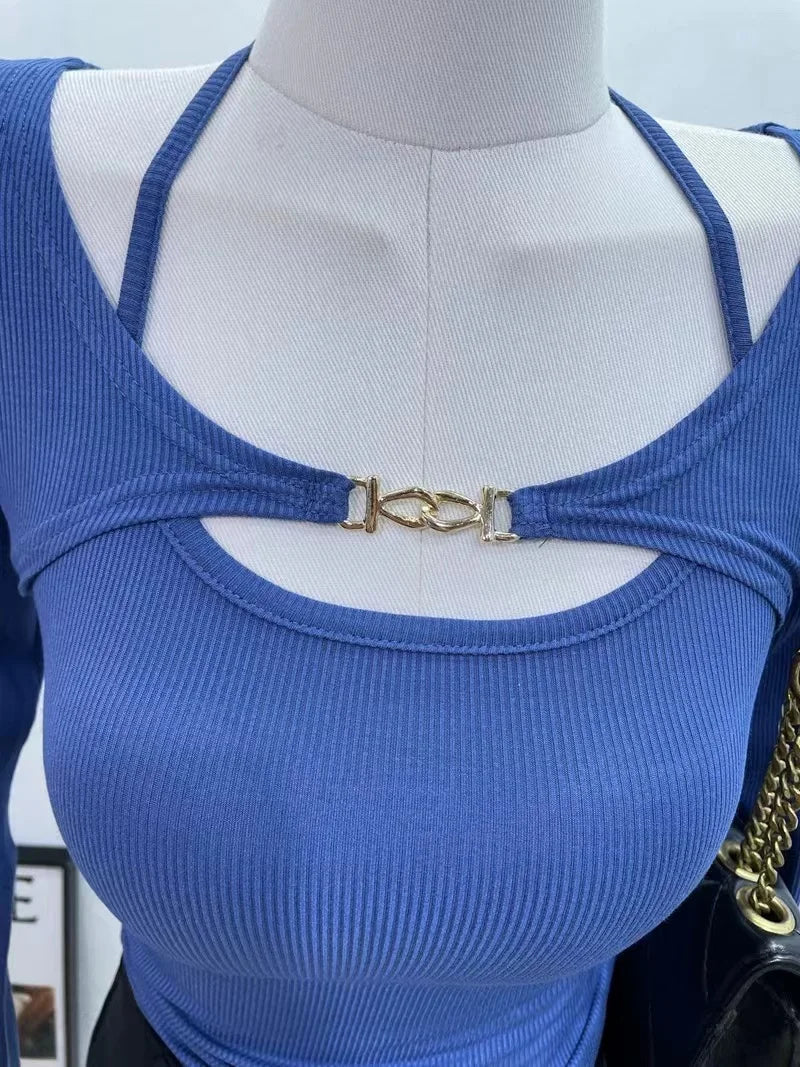 3XL Sets Women Slim Halter Camisoles Long Sleeve Tops 2 Pieces Korean Style Sexy Trendy Y2k Cropped  Spring Female Clothing
