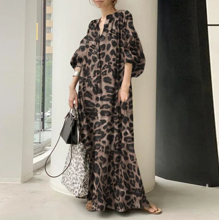 Leopard Print Long Dresses Women Fashion Temperament V-neck Puff Sleeves Loose Dress Trendy Bohemian Style Vestidos Spring New