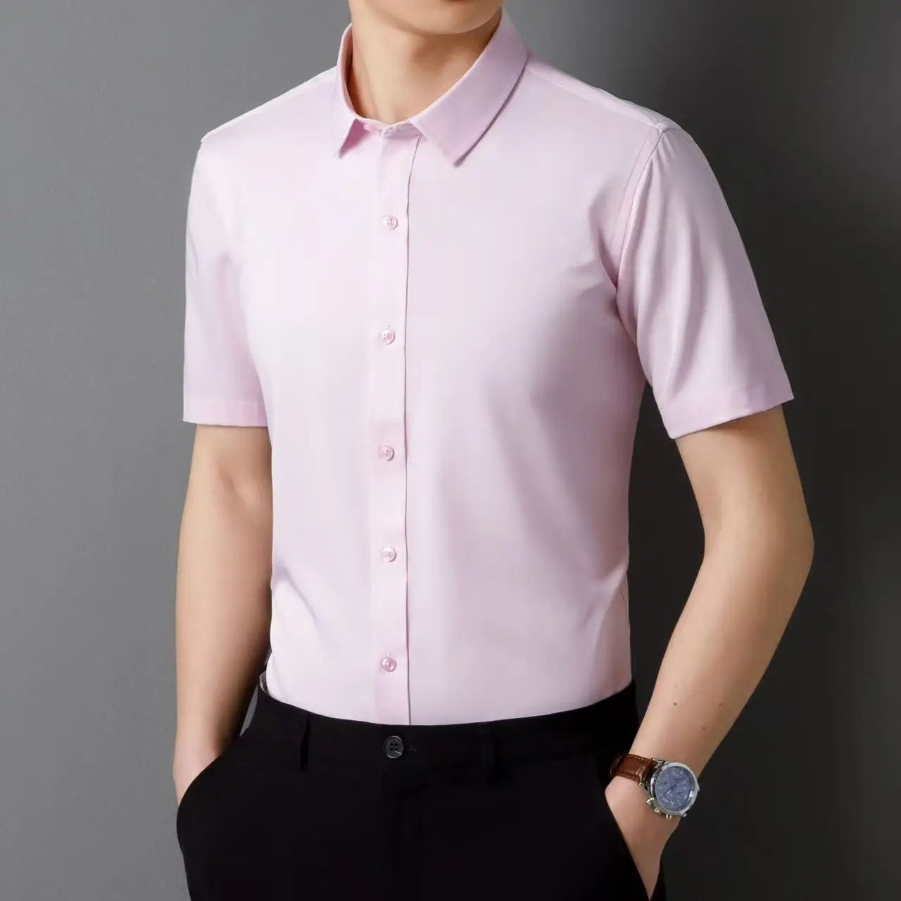 Men's Short Sleeve Shirts Summer Solid Color Polyester Turn Down Color Standard Fit Fashion Elegant Business Smart Dress Shirts