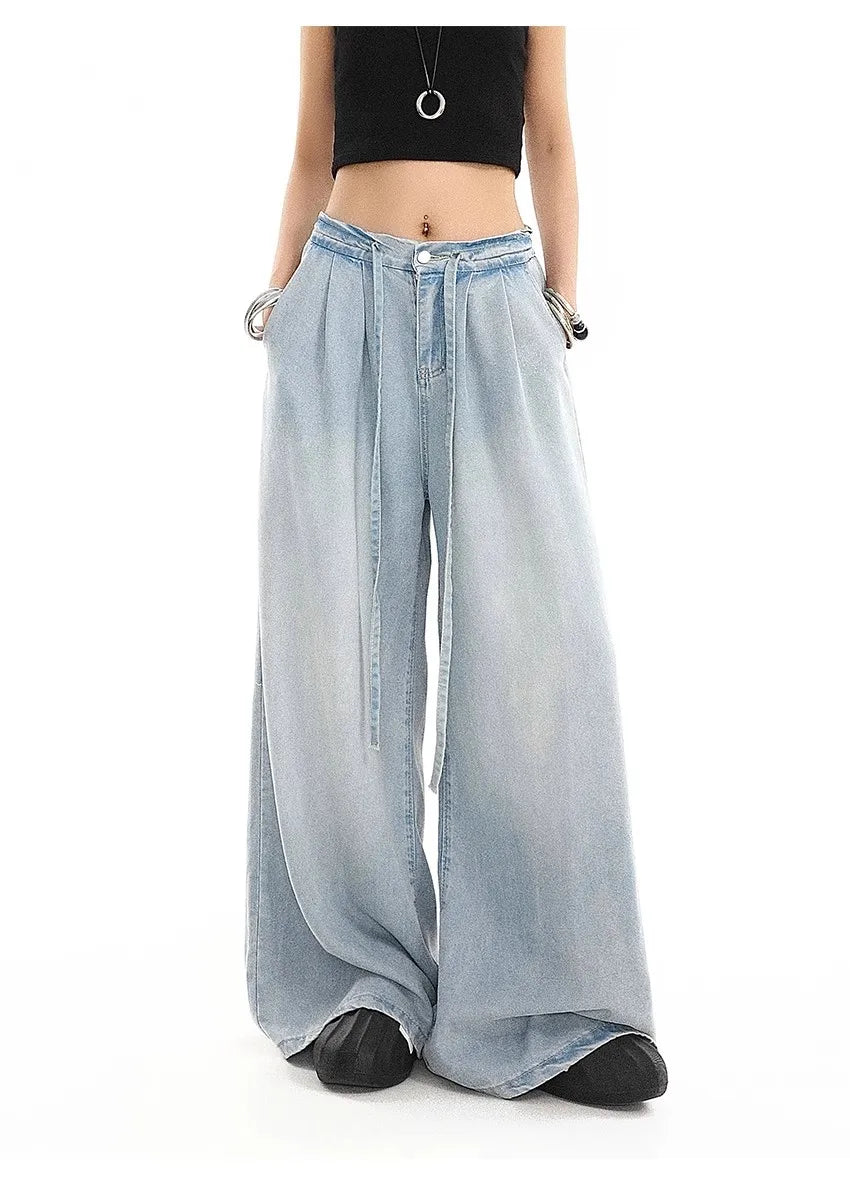 2025 Summer New Drape Wide Leg Jeans Elastic Versatile Ins Trendy Versatile Trousers Harajuku Jeans for Women Denim Pants