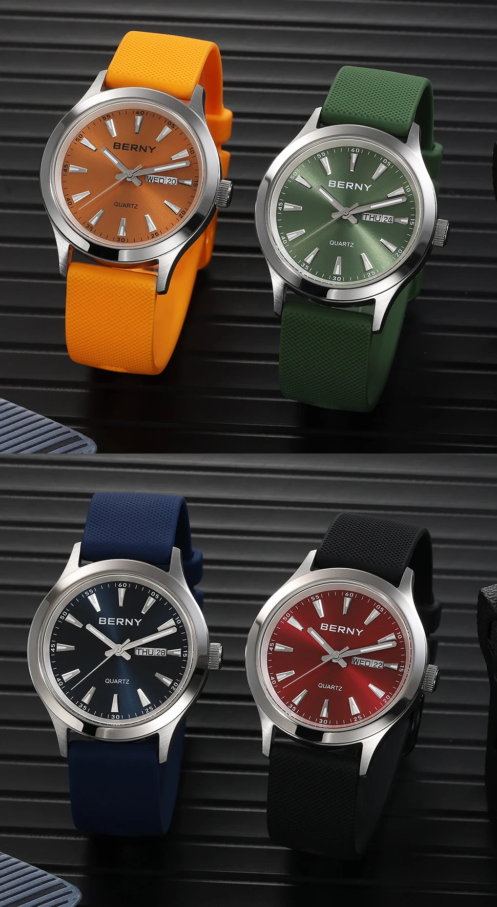 BERNY Watches for Men 40mm Luminous Elegance Dress Quartz Watch Calendar Week Luxury Waterproof Casual Business Men's Wristwatch