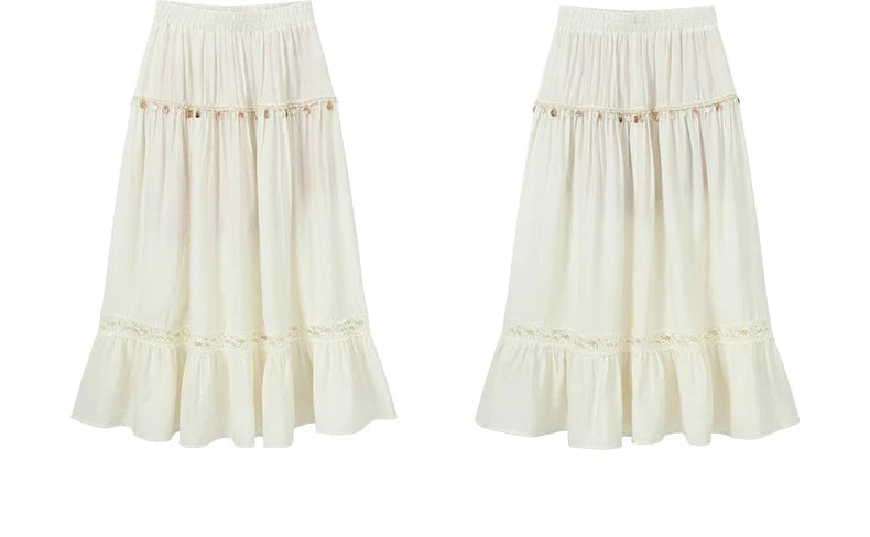 White Lace Three-Piece Set Spring Summer Slim Fit V-Neck Lace Cami Top High-Waisted A-Line Maxi Skirt Chic Red Fashion Shirt