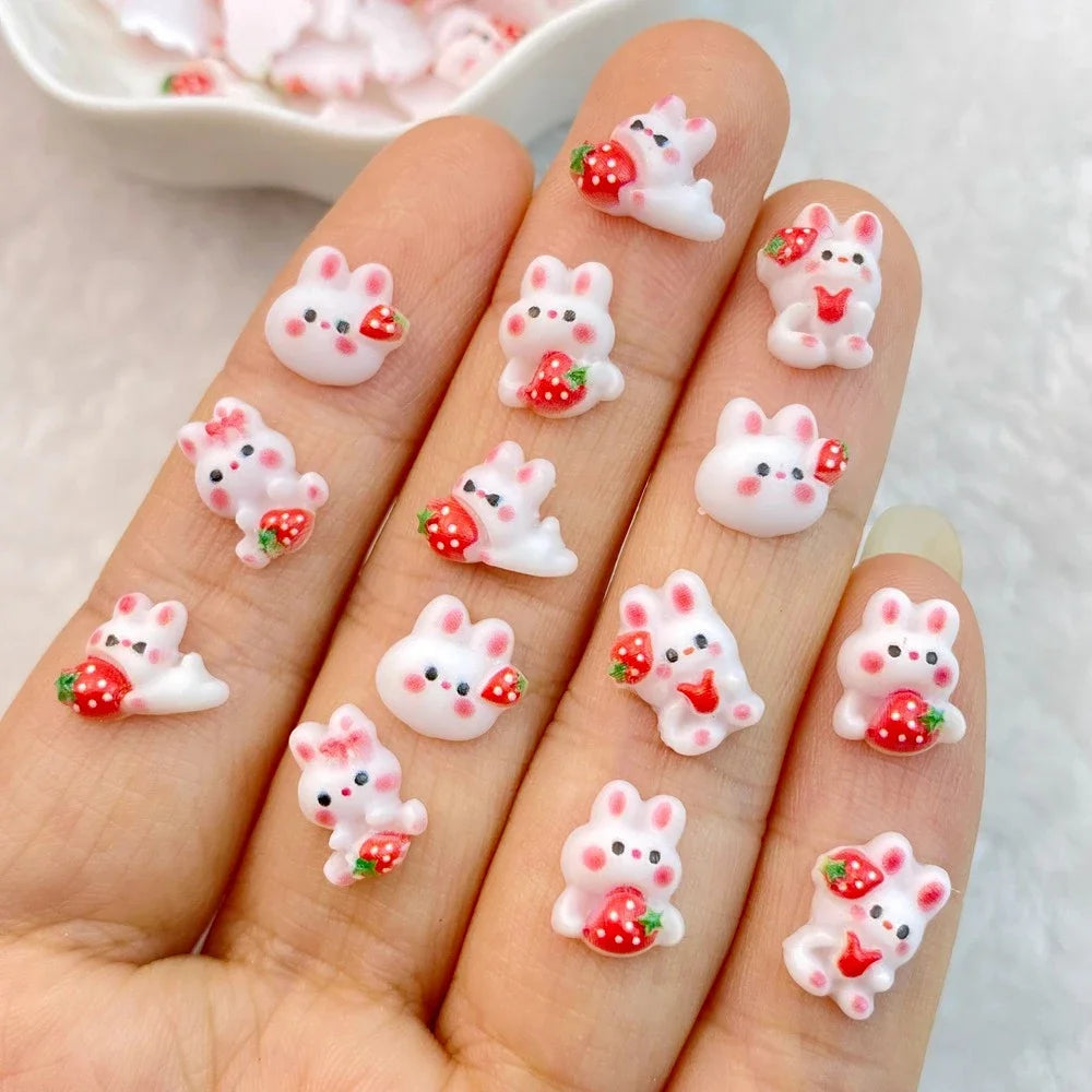 30Pcs Nail Art Accessories Cute mixed color cartoon strawberry rabbit Manicure Design Decorations Resin 3D Charm for Nails DIY