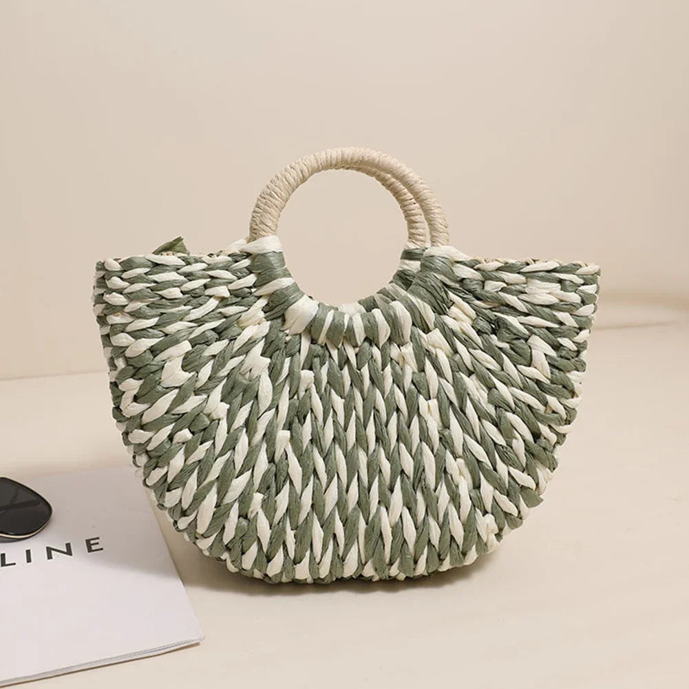 Women Straw Tote Handbag Large Capacity Semi-Circle Woven Bag Color Clash Semicircle Weaving Bag Summer Beach Handbag