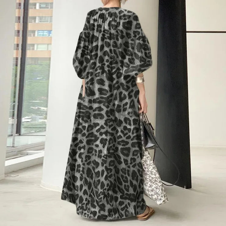 Leopard Print Long Dresses Women Fashion Temperament V-neck Puff Sleeves Loose Dress Trendy Bohemian Style Vestidos Spring New