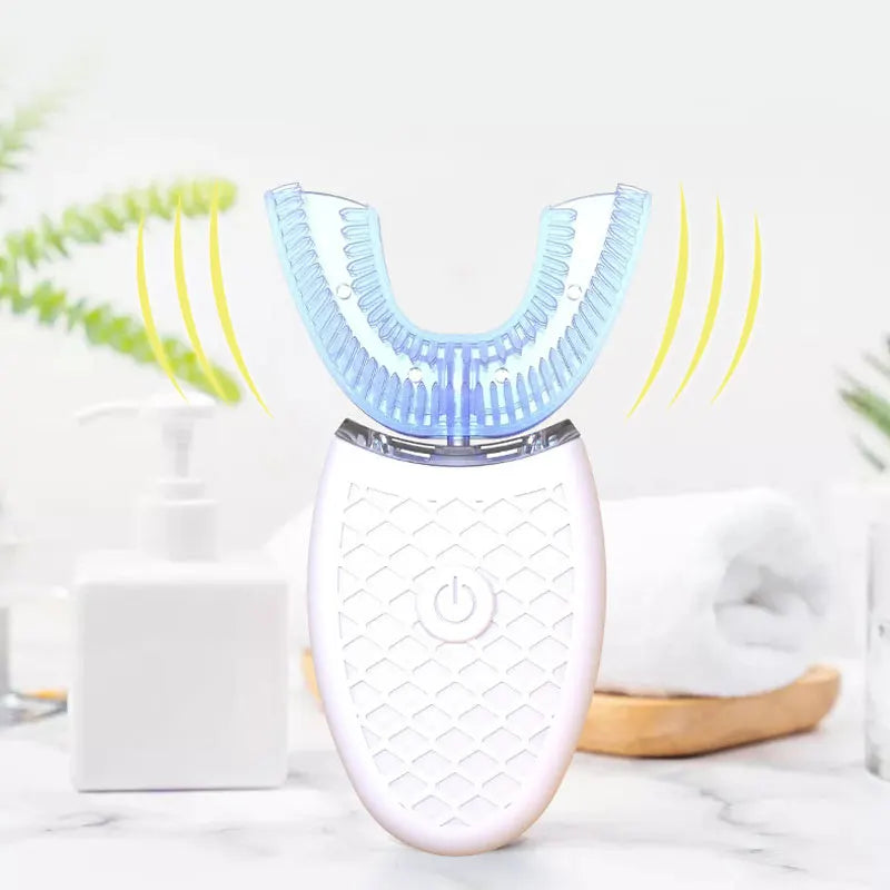 فرشاة أسنان كهربائية صوتية على شكل حرف U برأس سيليكون تدور 360 درجة، أوتوماتيكية ذكية، شحن USB، مقاومة للماء لتبييض الأسنان