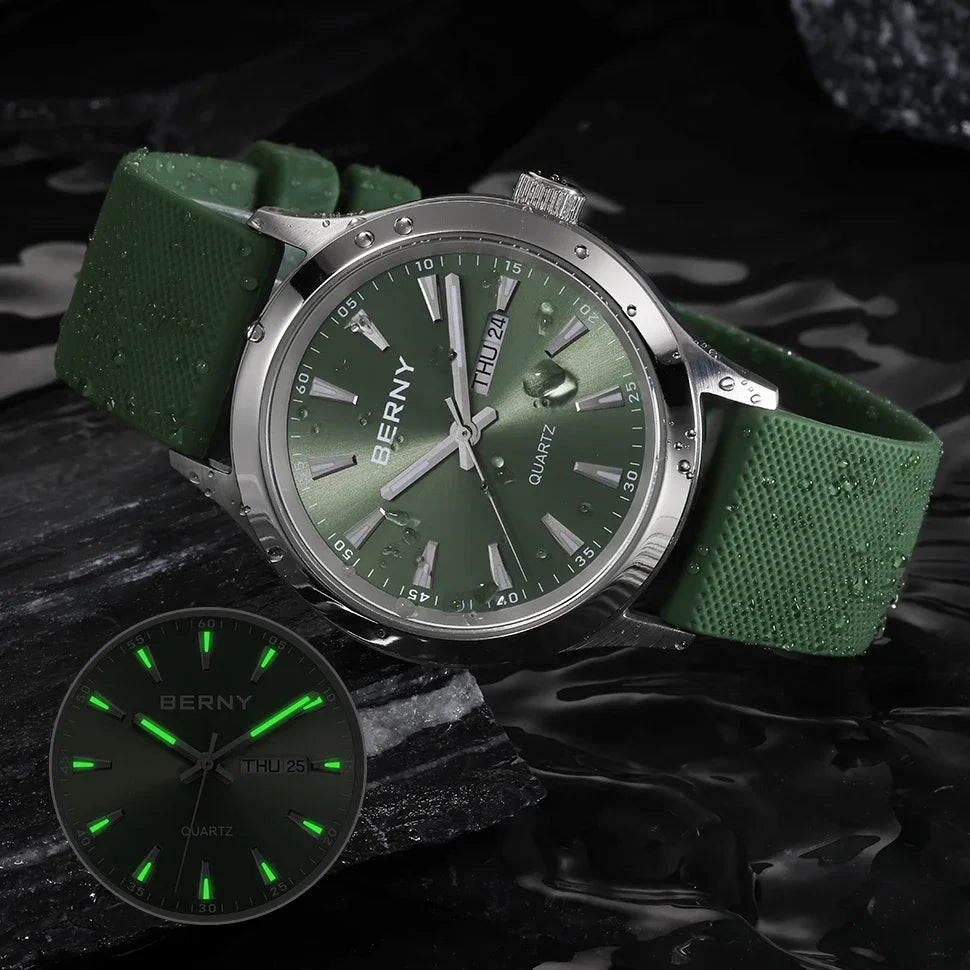 BERNY Watches for Men 40mm Luminous Elegance Dress Quartz Watch Calendar Week Luxury Waterproof Casual Business Men's Wristwatch