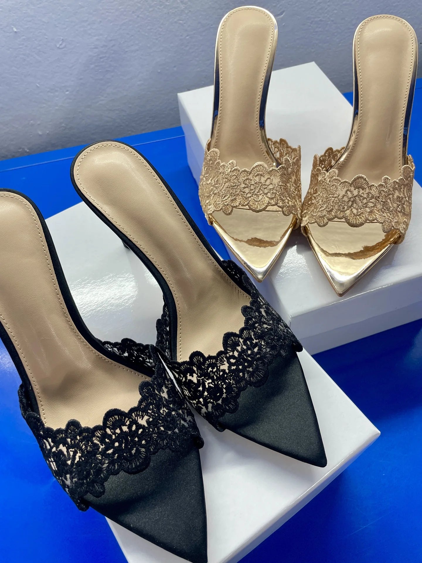 New Summer Women's High Heel Sandals Lace Embroidery Pointed Open Toe Stiletto High Heel Sandals Party Slippers