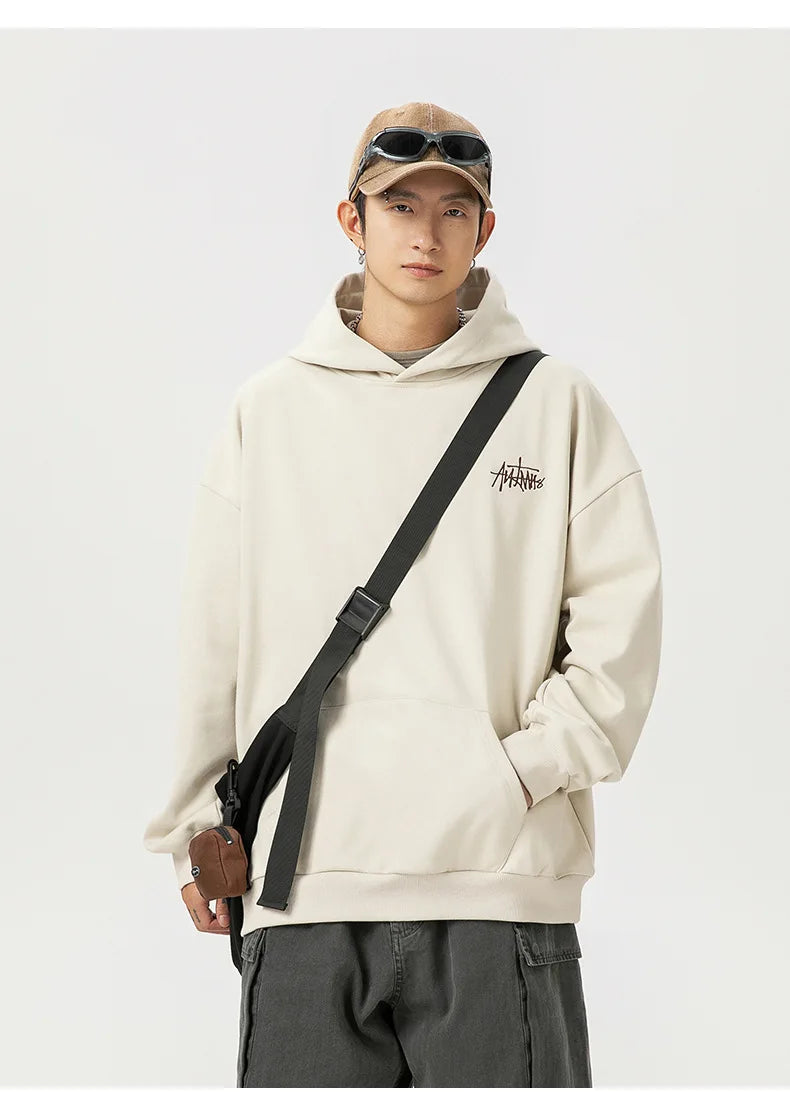 400G Heavy Thick Letter Embroidered Hoodies for Men's Autumn Winter Style American Trendy Couple Loose Hoodie Coat