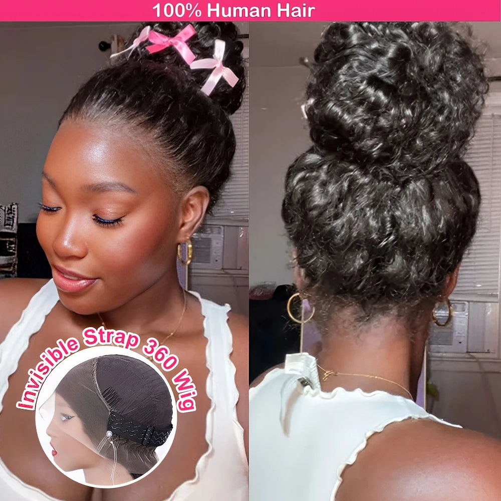 Water Wave Curly Wig 250 Density 360 HD Lace Invisi Strap Glueless Natural Black Human Hair Pre Plucked Wig for Black Women Wigs