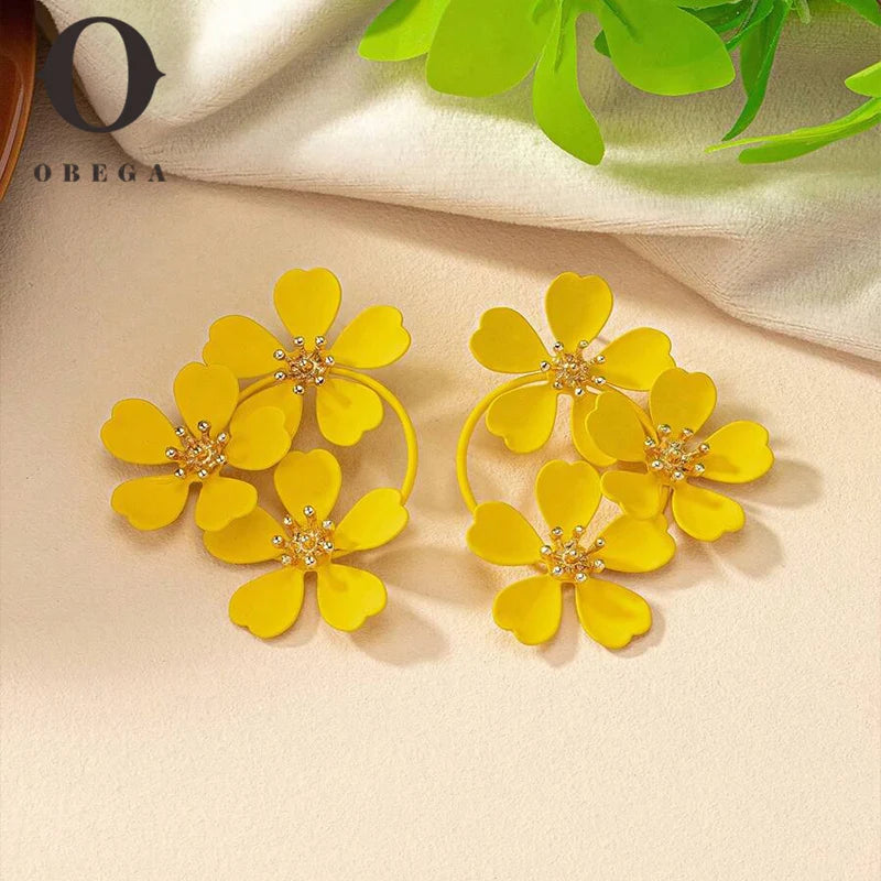 Obega Women Neon Pink Color Flowers Earring Stud Yellow Paiting Color Flower Sweet Summer Holiday Post Earrings Trendy Elegant