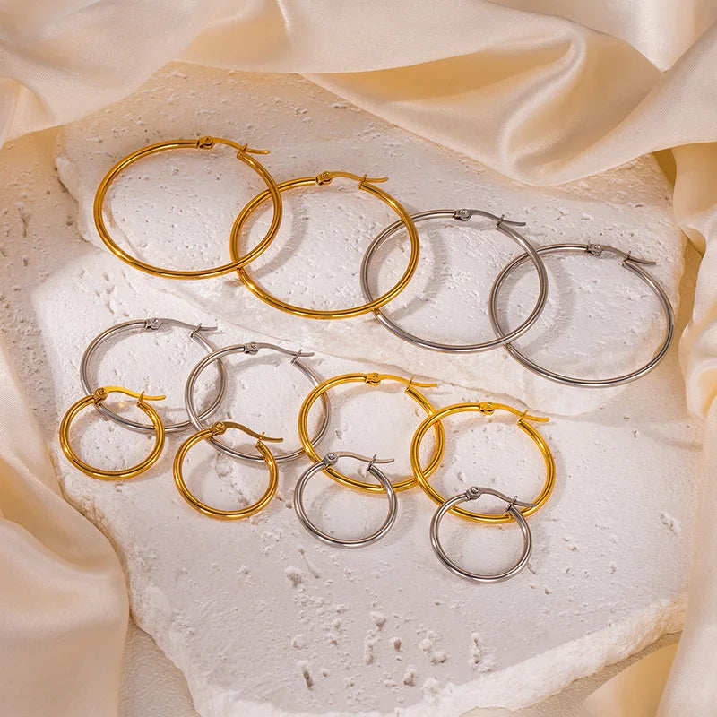 Gold Color Stainless Steel Hoop Earrings For Women Men Big/Small Circle Round Ear Jewelry Bijoux Acier Inoxidable E18110
