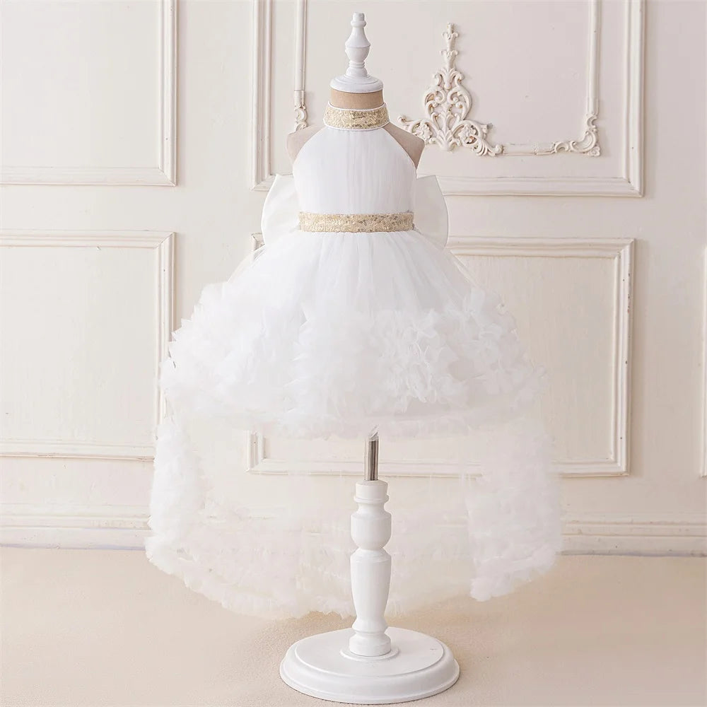 Trailing Big Bow Party Baby Girls Dresses Sequin Baptism Bridesmaid Costume Toddler Birthday Princess Dress Wedding Evening Gown