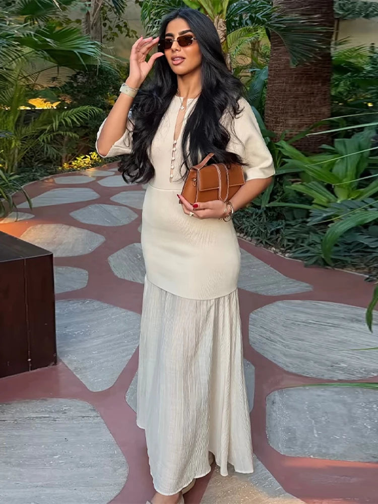 Elegant Women Patchwork Long Dress Short Sleeve O Neck Button A-Line Dresses Spring Summer Vintage Beach Vacation Casual Robes
