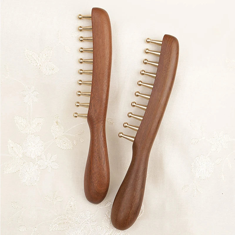 10-Teeth Copper & Wood Massager Comb For Head Meridian Therapy And Relaxation Golden Sandalwood Scraping Guasha Long Handle