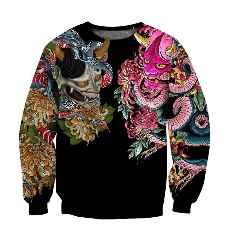 Cool Ghost Mask 3D Printed Hoodies For Men Flower Snake Pattern Long Sleeved Sweatshirt Autumn Oversized Round Neck Pullovers