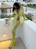 Print Y2K Mesh Long Sleeve Top Shirts Green and Maxi Skirt Bodycon Two Piece Sets Beach Outfits Women Club