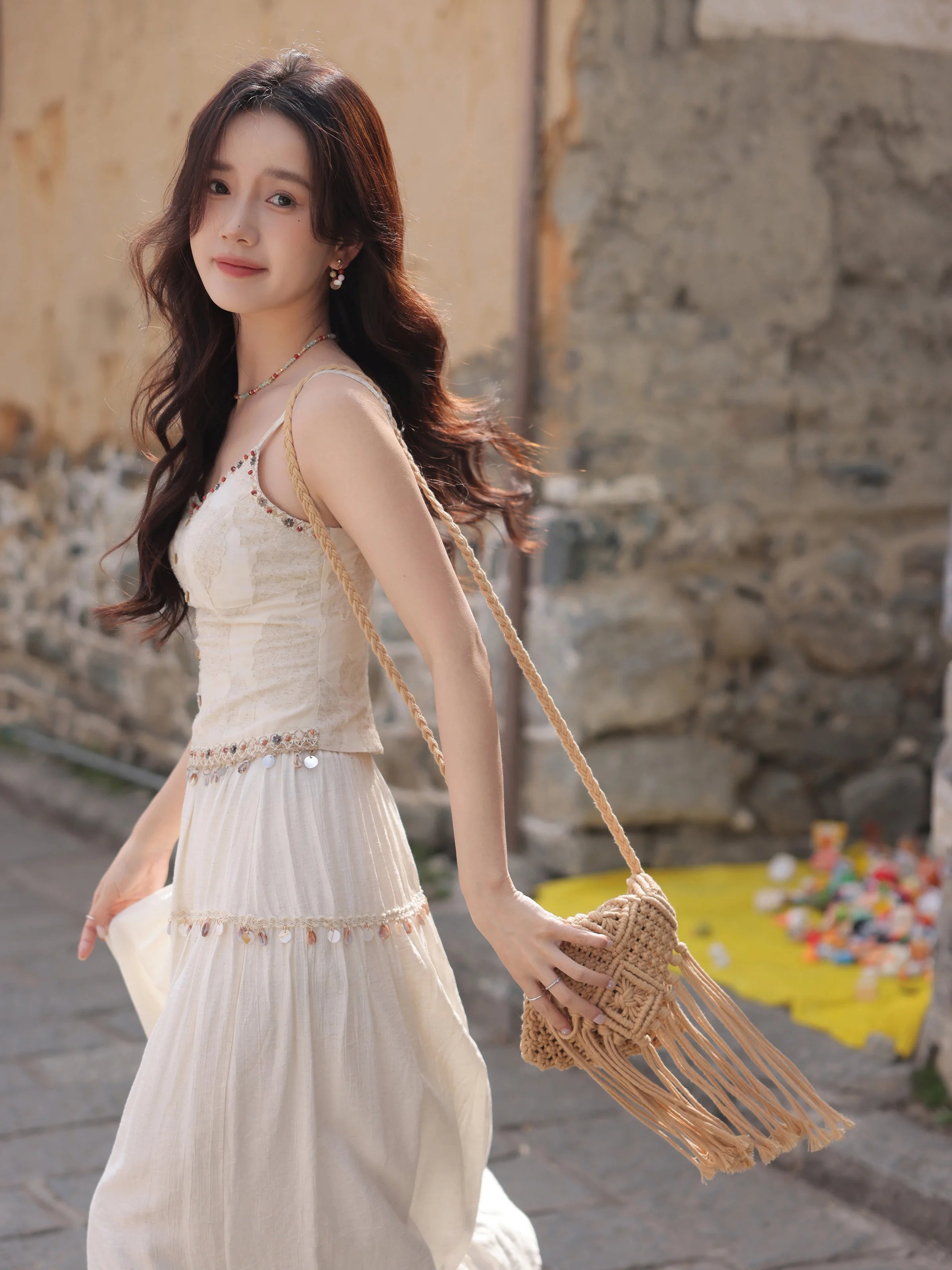 White Lace Three-Piece Set Spring Summer Slim Fit V-Neck Lace Cami Top High-Waisted A-Line Maxi Skirt Chic Red Fashion Shirt