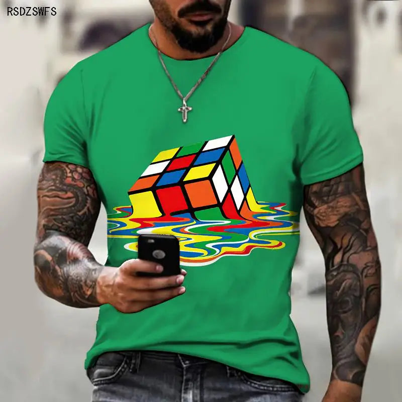 Men's Shirt Exclusive Design Melting Rubik's Cube 3D Printing Printing Trendy Brand Shirt Round Neck T-shirt Oversize 5XL