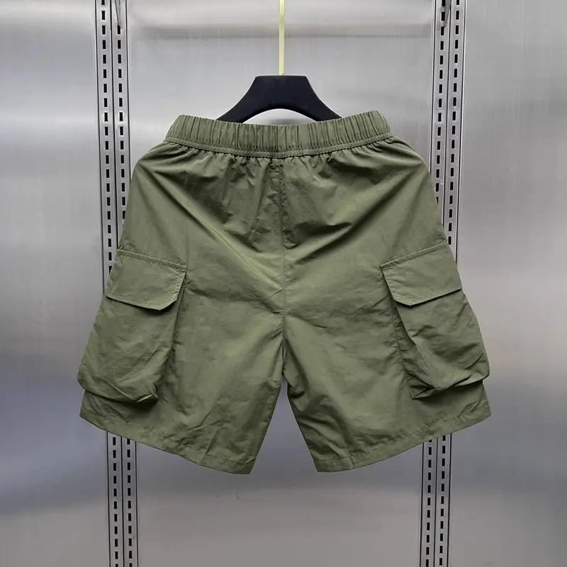 Men's Retro Multi Pocket Cargo Shorts Summer Thin Loose Straight Casual Outerwear Capris Solid Color Drawstring Short Pants