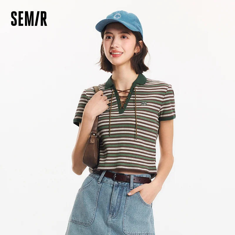 Semir Polo Shirt Women Cropped Slim Fit Tie Detail 2025 New Summer Cool Feeling Striped Top Retro for Trendy and Casual Looks