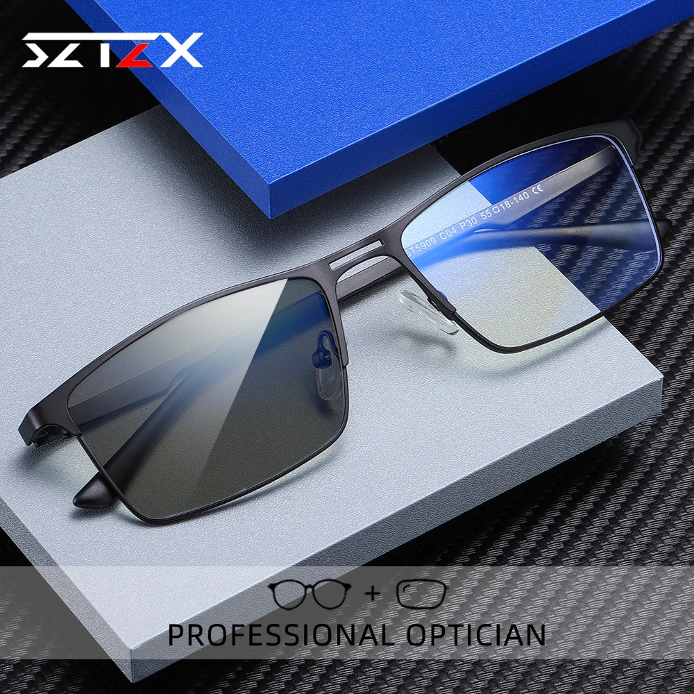 SZTZX Men Business Reading Glasses Anti Blue Light Myopia Prescription Eyeglasses Ultralight Photochromic Optical Sunglasses