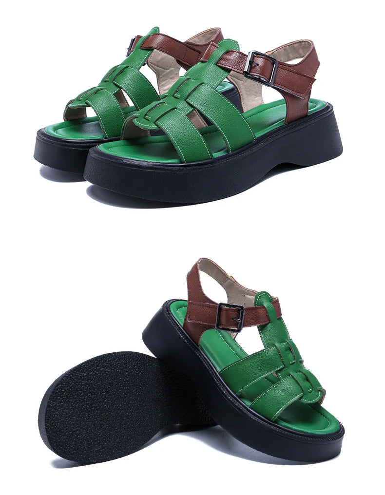 GKTINOO Summer Mixed Color Genuine Leather Sandals Roman Shoes Platform Wedges Woven Thick Soled Sandals Women Shoes Large Size
