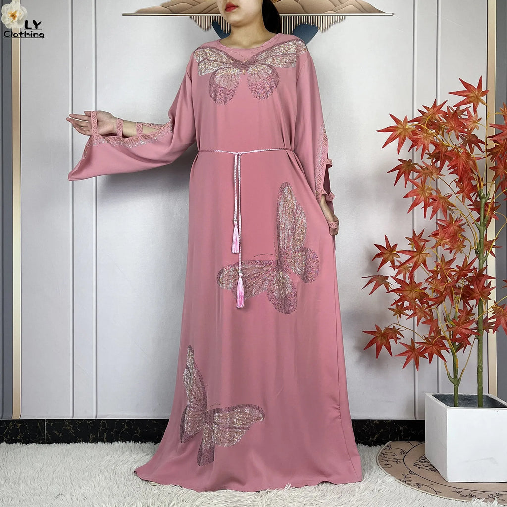 2025New Dubai Muslim Women Elegant Dress African Abaya Loose Butterfly Pattern Diamond Islamic Long Sleeve Turkey Femme Clothing